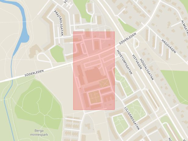 Karta som med röd fyrkant ramar in Berga Centrum, Diana, Linköping, Östergötlands län