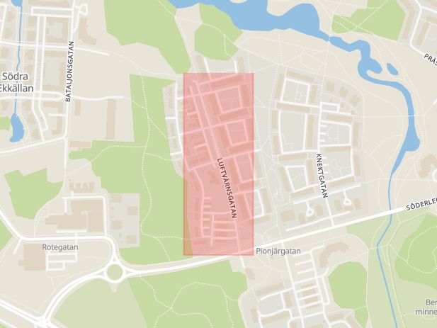 Karta som med röd fyrkant ramar in Luftvärnsgatan, Berga, Linköping, Östergötlands län