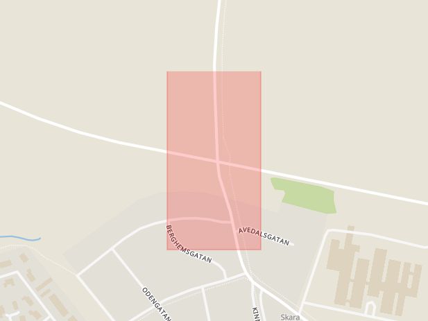 Karta som med röd fyrkant ramar in Brogårdsvägen, Malmgatan, Skara, Västra Götalands län