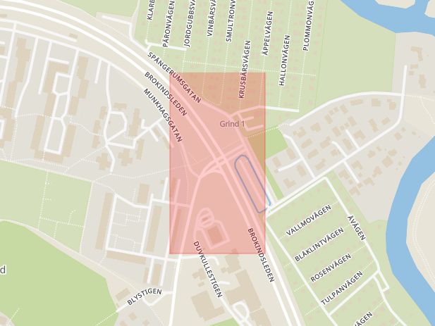 Karta som med röd fyrkant ramar in Brokindsleden, Spångerumsgatan, Linköping, Östergötlands län