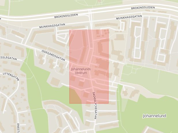 Karta som med röd fyrkant ramar in Ödegårdsgatan, Skogslyckegatan, Linköping, Östergötlands län