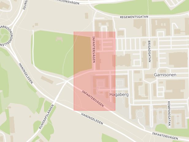 Karta som med röd fyrkant ramar in Garnisonen, Brigadgatan, Regementsgatan, Infanterivägen, Kompanigatan, Linköping, Östergötlands län