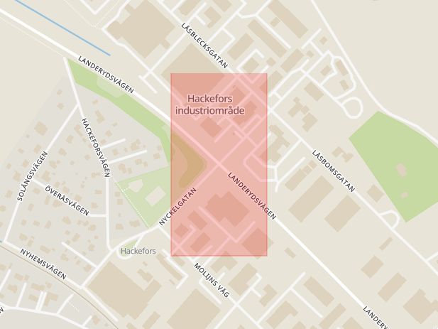 Karta som med röd fyrkant ramar in Landerydsvägen, Nyckelgatan, Hackefors, Linköping, Östergötlands län