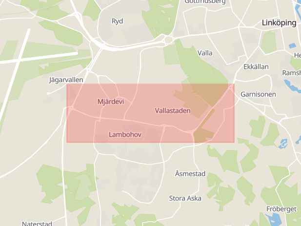 Karta som med röd fyrkant ramar in Lambohovsleden, Linköping, Östergötlands län