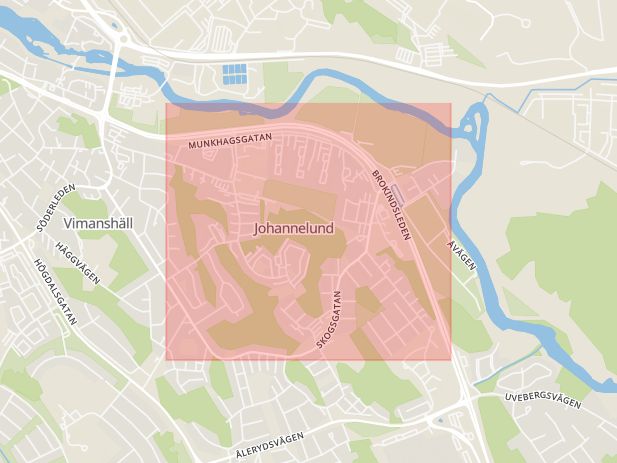 Karta som med röd fyrkant ramar in Munkhagsgatan, Kallerstadsrondellen, Linköping, Östergötlands län