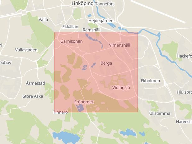 Karta som med röd fyrkant ramar in Linköping, Kristinebergsgatan, Haningeleden, Östergötlands län