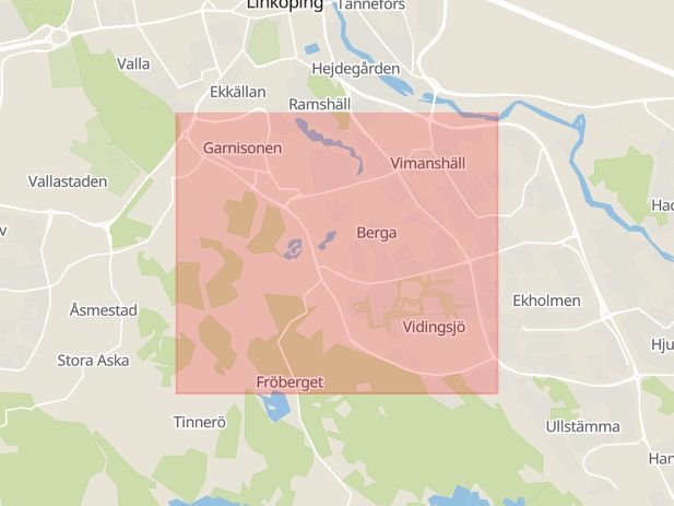 Karta som med röd fyrkant ramar in Haningeleden, Linköping, Östergötlands län