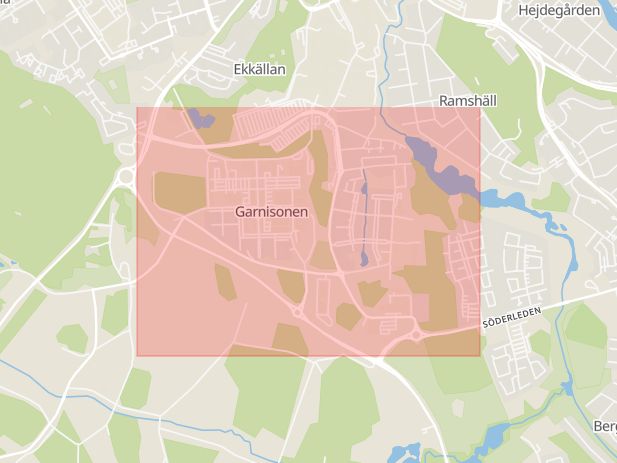 Karta som med röd fyrkant ramar in Garnisonen, Linköping, Östergötlands län