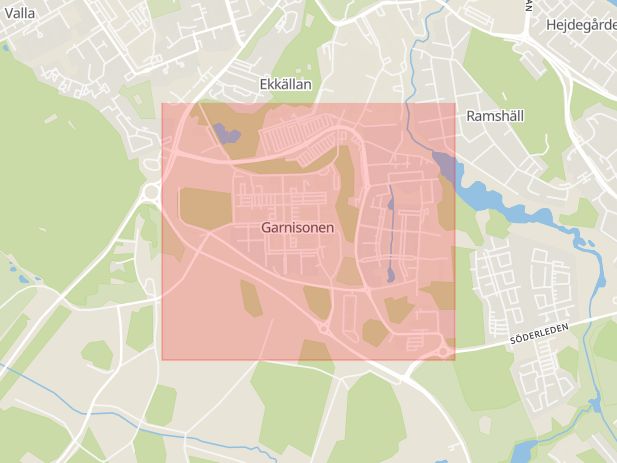 Karta som med röd fyrkant ramar in Garnisonsvägen, Linköping, Östergötlands län