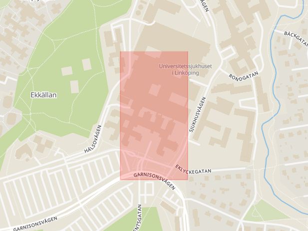 Karta som med röd fyrkant ramar in Tornby, Roxtorpsgatan, Tornbyvägen, Bergsvägen, Universitetssjukhuset, Linköping, Östergötlands län