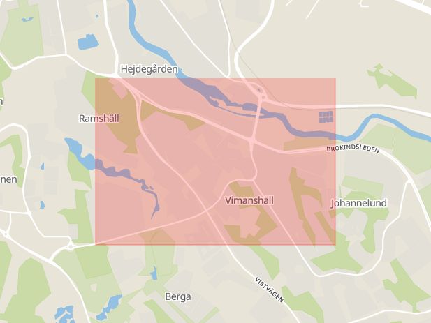 Karta som med röd fyrkant ramar in Vimanshäll, Linköping, Östergötlands län
