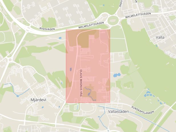 Karta som med röd fyrkant ramar in Linköpings Universitet, Linköping, Östergötlands län