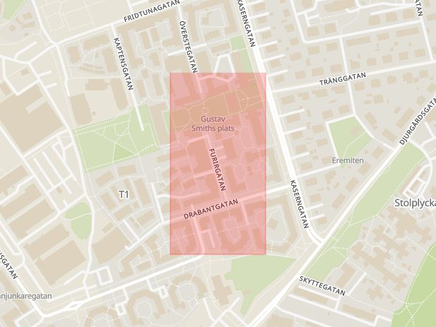 Karta som med röd fyrkant ramar in Furirgatan, Linköping, Östergötlands län
