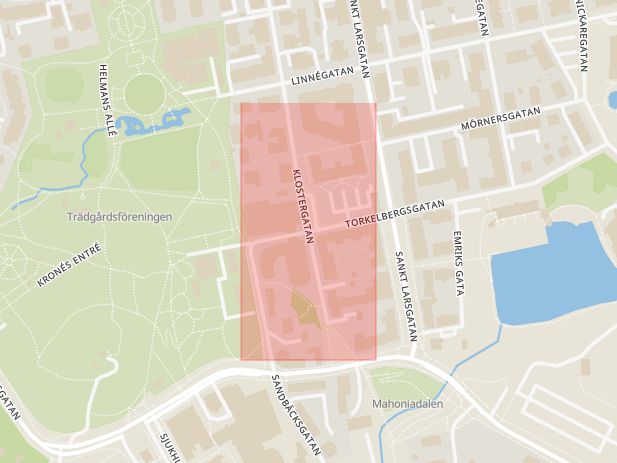 Karta som med röd fyrkant ramar in Torkelbergsgatan, Klostergatan, Linköping, Östergötlands län