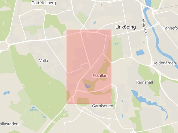 Karta som med röd fyrkant ramar in Östergötland, Djurgårdsgatan, Linköping, Alsättersgatan, Östergötlands län