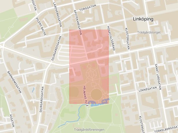 Karta som med röd fyrkant ramar in Stora Torget, Trädgårdsföreningen, Linköping, Östergötlands län