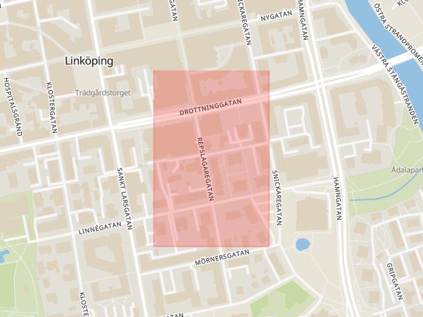 Karta som med röd fyrkant ramar in Isidor Kjellbergs Gränd, Linköping, Östergötlands län