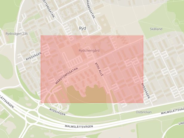 Karta som med röd fyrkant ramar in Mårdtorpsgatan, Linköping, Östergötlands län