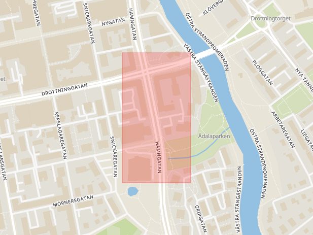 Karta som med röd fyrkant ramar in Hamngatan, Ådalagatan, Linköping, Östergötlands län