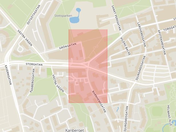 Karta som med röd fyrkant ramar in Kommunkontor, Barnhemsgatan, Storgatan, Linköping, Östergötlands län