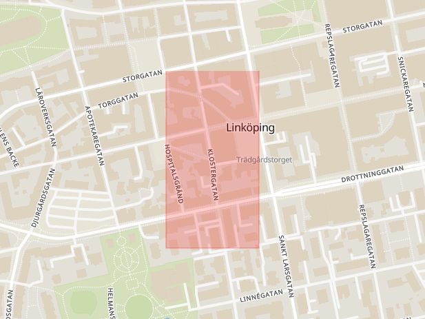 Karta som med röd fyrkant ramar in Stora Badstugatan, Klostergatan, Hospitalstorget, Linköping, Östergötlands län