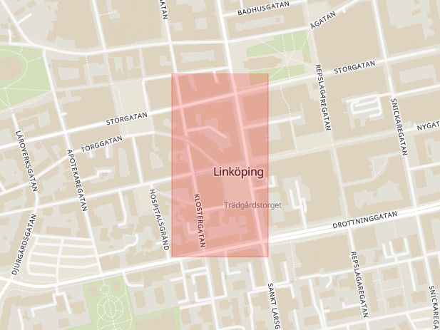 Karta som med röd fyrkant ramar in Nygatan, Tanneforsgatan, Linköping, Östergötlands län