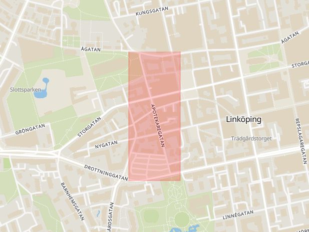 Karta som med röd fyrkant ramar in Apotekaregatan, Linköping, Östergötlands län