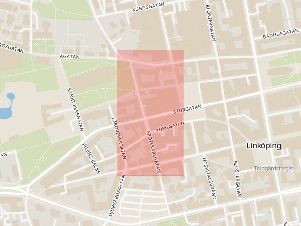 Karta som med röd fyrkant ramar in Stora Torget, Ågatan, Storgatan, Hamlet, Linköping, Östergötlands län