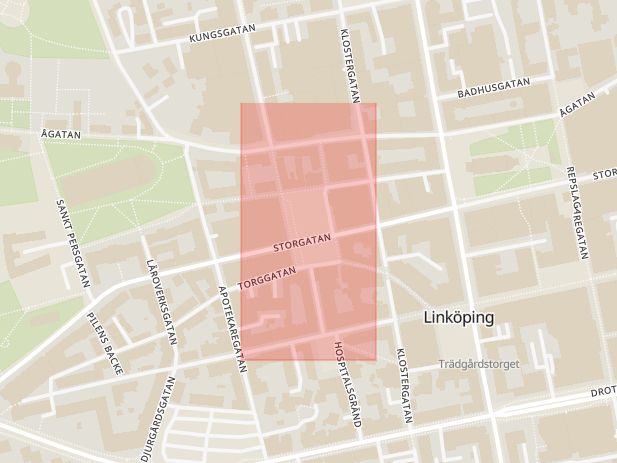 Karta som med röd fyrkant ramar in Östergötland, Stora Torget, Linköping, Östergötlands län