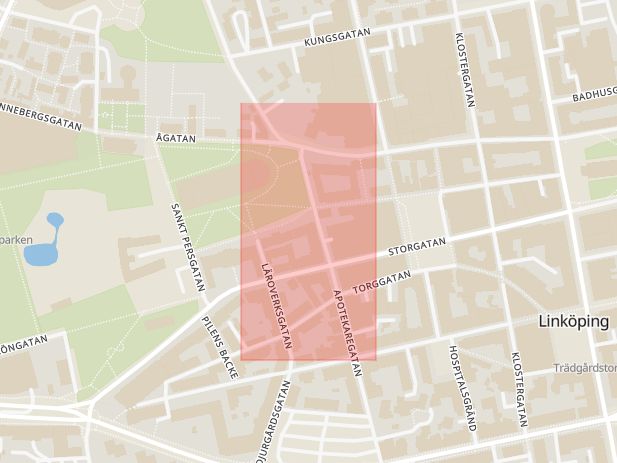 Karta som med röd fyrkant ramar in Vasastaden, Timmermansgatan, Apotekaregatan, Linköping, Östergötlands län