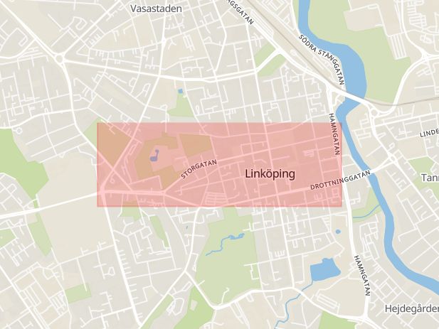 Karta som med röd fyrkant ramar in Storgatan, Linköping, Östergötlands län
