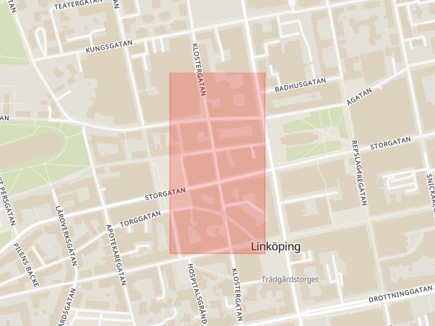 Karta som med röd fyrkant ramar in Klostergatan, Kebabbaren, Universitetssjukhuset, Linköping, Östergötlands län