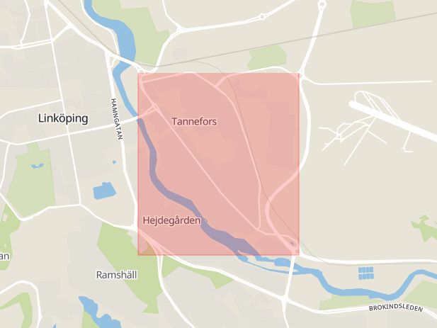 Karta som med röd fyrkant ramar in Tannefors, Nya Tanneforsvägen, Linköping, Östergötlands län