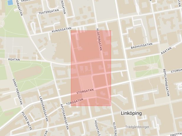 Karta som med röd fyrkant ramar in Hantverkaregatan, Linköping, Östergötlands län