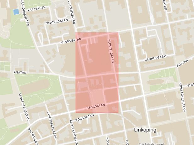 Karta som med röd fyrkant ramar in Brunnsgatan, Ågatan, Linköping, Östergötlands län