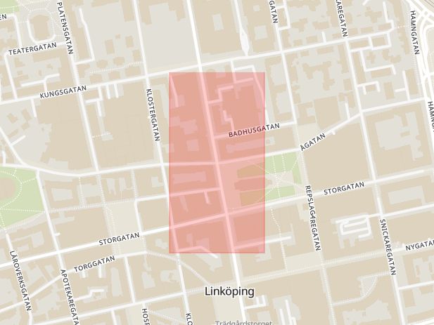Karta som med röd fyrkant ramar in Larsgatan, Ågatan, Linköping, Östergötlands län