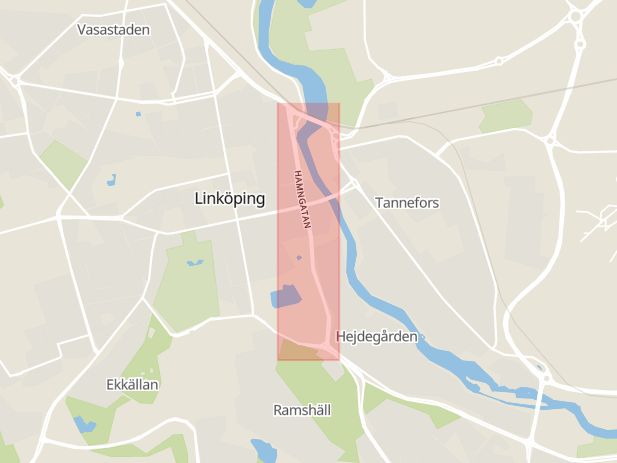 Karta som med röd fyrkant ramar in Hamngatan, Linköping, Östergötlands län