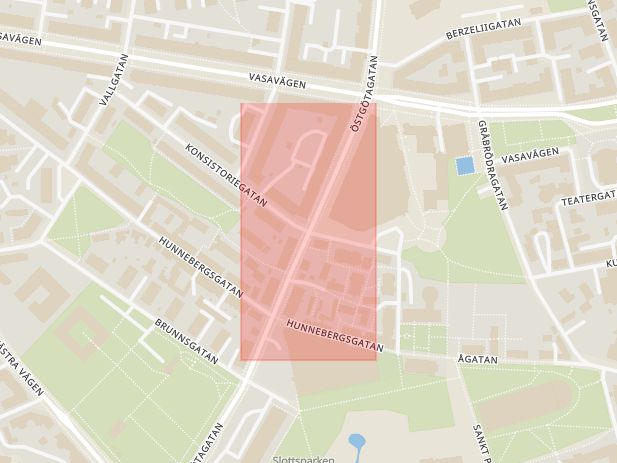 Karta som med röd fyrkant ramar in Värna, Konsistoriegatan, Östgötagatan, Barfotegatan, Linköping, Östergötlands län