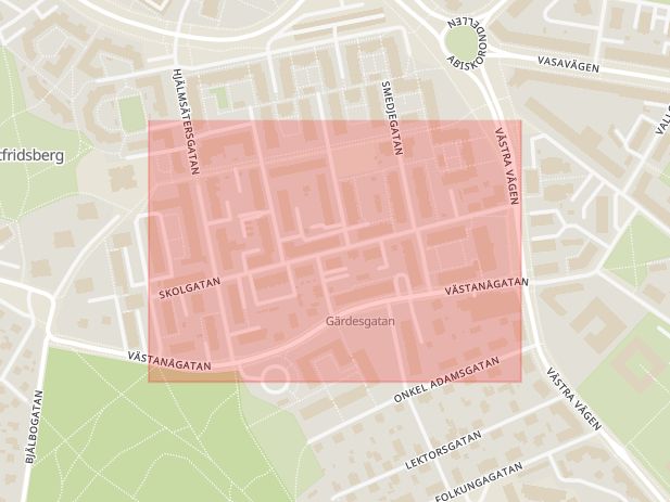 Karta som med röd fyrkant ramar in Skolgatan, Linköping, Östergötlands län
