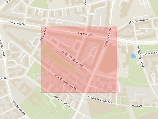 Karta som med röd fyrkant ramar in Konsistoriegatan, Linköping, Östergötlands län