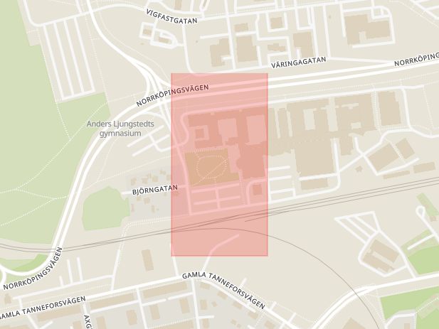 Karta som med röd fyrkant ramar in Anders Ljungstedts Gymnasium, Linköping, Östergötlands län