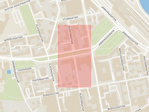 Karta som med röd fyrkant ramar in Vasavägen, Klostergatan, Linköping, Östergötlands län