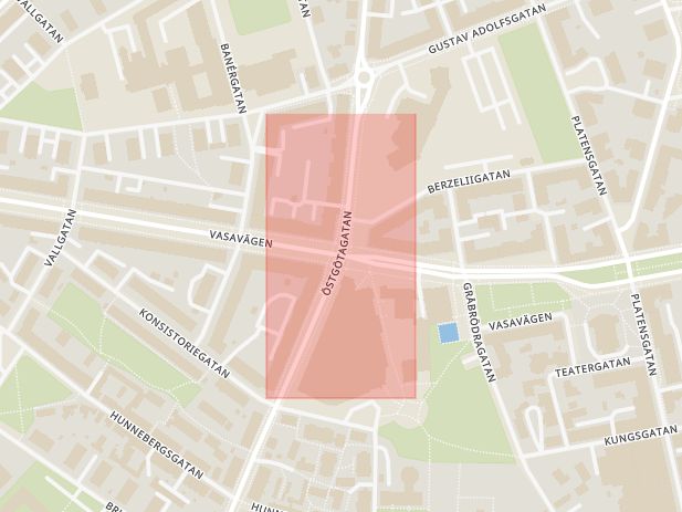 Karta som med röd fyrkant ramar in Vasavägen, Östgötagatan, Linköping, Östergötlands län