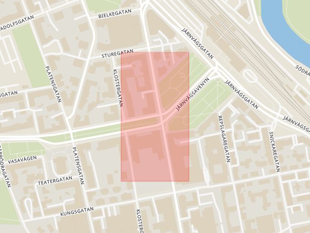Karta som med röd fyrkant ramar in Vasavägen, Larsgatan, Linköping, Östergötlands län