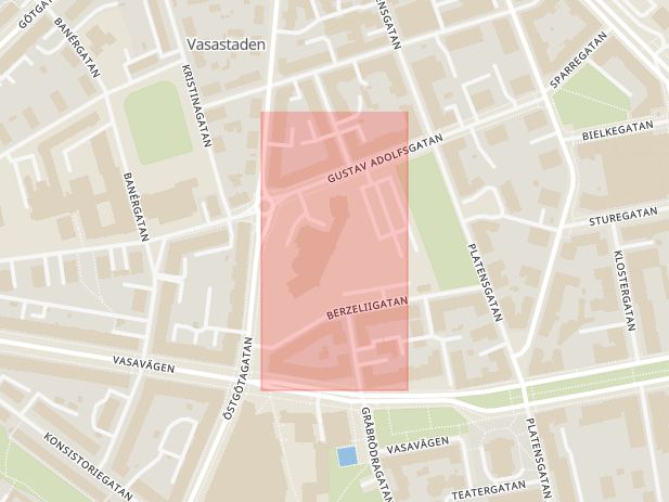 Karta som med röd fyrkant ramar in Kristinagatan, Katedralskolan, Linköping, Östergötlands län