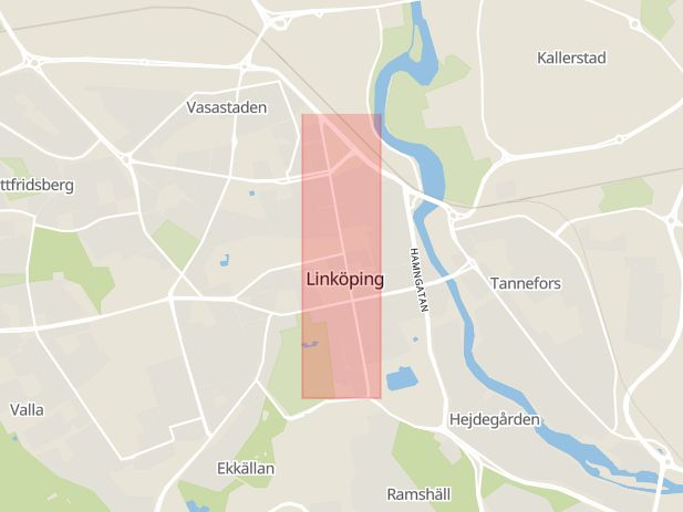 Karta som med röd fyrkant ramar in Larsgatan, Linköping, Östergötlands län