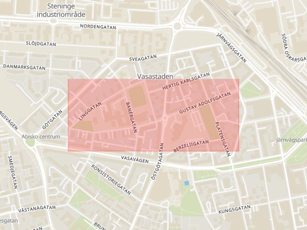 Karta som med röd fyrkant ramar in Gustav Adolfsgatan, Östgötagatan, Linköping, Östergötlands län