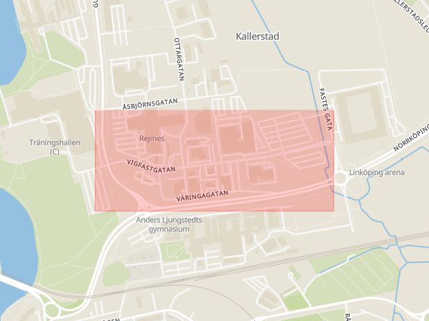 Karta som med röd fyrkant ramar in Vigfastgatan, Linköping, Östergötlands län