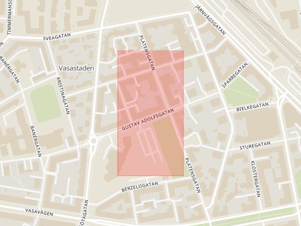 Karta som med röd fyrkant ramar in Östergötland, Kungsgatan, Norrköping, Linköping, Gustav Adolfsgatan, Östergötlands län