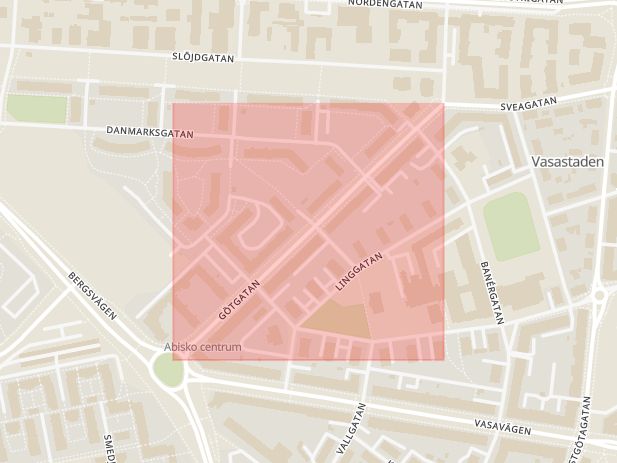 Karta som med röd fyrkant ramar in Götgatan, Vasastaden, Linköping, Östergötlands län